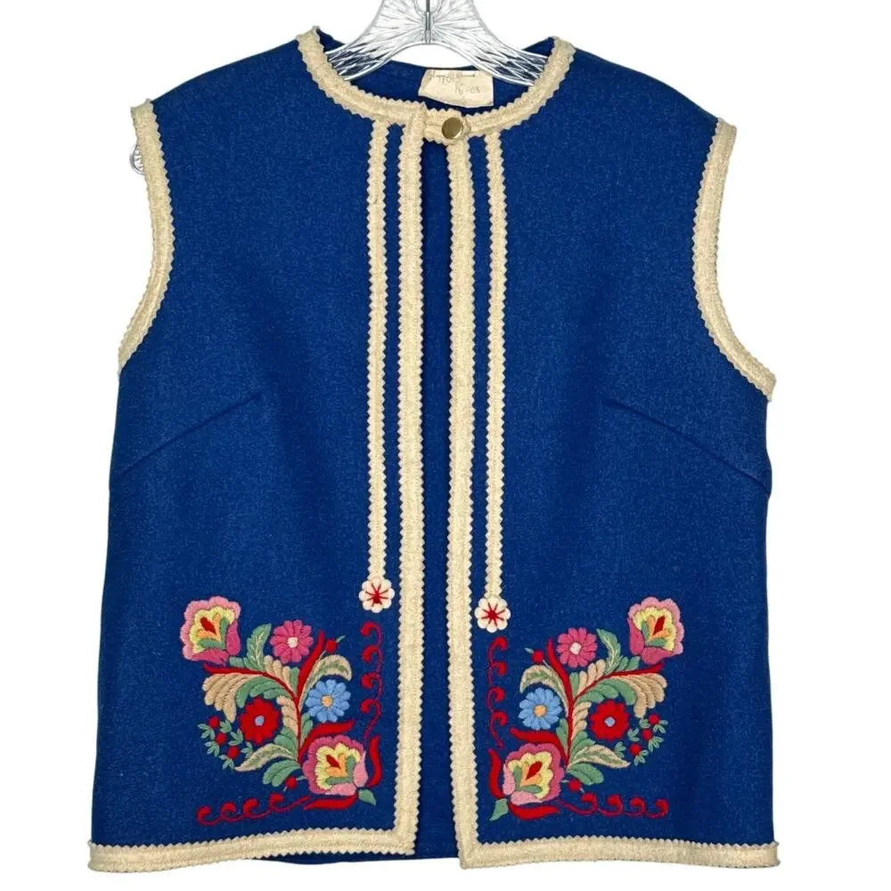 Vintage 70's Hungarian Folk Wool Vest Blue Embroidered Floral Trimmed medium
